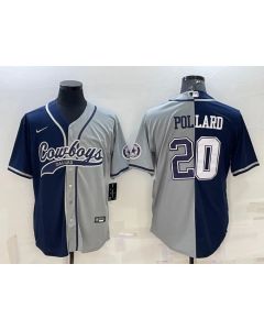 Men's Dallas Cowboys #20 Tony Pollard Navy/Grey Split With Patch Cool Base Stitched Baseball Jersey
