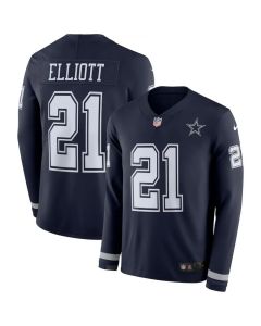 Men's Dallas Cowboys #21 Ezekiel Elliott Navy Therma Long Sleeve Stitched NFL Jersey