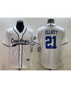 Men's Dallas Cowboys #21 Ezekiel Elliott White With Patch Cool Base Stitched Baseball Jersey