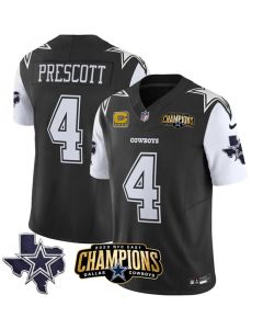 Men's Dallas Cowboys #4 Dak Prescott Black/White 2023 F.U.S.E. NFC East Champions With 4-star C Patch Stitched Football Jersey