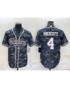 Men's Dallas Cowboys #4 Dak Prescott Grey Camo With Patch Cool Base Stitched Baseball Jersey