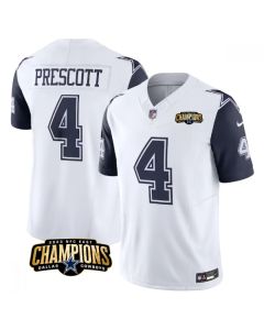 Men's Dallas Cowboys #4 Dak Prescott White/Navy 2023 F.U.S.E. NFC East Champions Patch Stitched Football Jersey