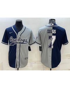 Men's Dallas Cowboys #7 Trevon Diggs Navy/Grey Split With Patch Cool Base Stitched Baseball Jersey