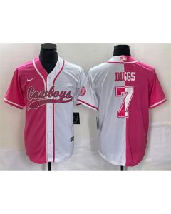 Men's Dallas Cowboys #7 Trevon Diggs Pink/White Split Cool Base Stitched Baseball Jersey