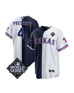 Men's Dallas Cowboys & Texas Rangers #4 Dak Prescott Navy/White Splite 2023 World Series Splite Stitched Baseball Jersey