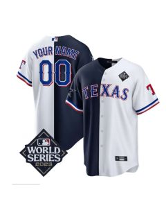 Men's Dallas Cowboys & Texas Rangers Active Player Custom Navy/White Splite 2023 World Series Splite Stitched Baseball Jersey