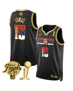 Men's Denver Nuggets #15 Nikola Jokic 2023 Black Gold Serbia Flag Finals Champions With NO.6 Patch Stitched Basketball Jersey