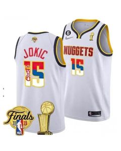 Men's Denver Nuggets #15 Nikola Jokic 2023 White Gold Serbia Flag Finals Champions With NO.6 Patch Stitched Basketball Jersey