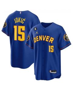 Men's Denver Nuggets #15 Nikola Jokic Blue With No.6 Patch Stitched Baseball Jersey