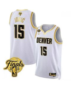 Men's Denver Nuggets #15 Nikola Jokic White Gold Edition 2023 Finals Collection With NO.6 Patch Stitched Basketball Jersey
