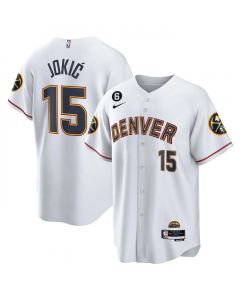 Men's Denver Nuggets #15 Nikola Jokic White With No.6 Patch Cool Base Stitched Baseball Jersey