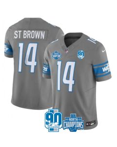 Men's Detroit Lions #14 Amon-Ra St. Brown Grey 2023 F.U.S.E. 90th Anniversary NFC North Division Champions Vapor Untouchable Limited Stitched Jersey
