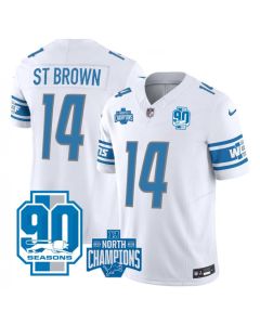 Men's Detroit Lions #14 Amon-Ra St. Brown White 2023 F.U.S.E. 90th Anniversary NFC North Division Champions Vapor Untouchable Limited Stitched Jersey