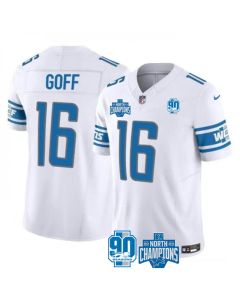 Men's Detroit Lions #16 Jared Goff White 2023 F.U.S.E. 90th Anniversary NFC North Division Champions Vapor Untouchable Limited Stitched Jersey