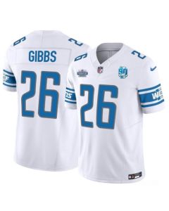 Men's Detroit Lions #26 Jahmyr Gibbs White 2023 F.U.S.E. With Prem1ere Patch 90th Anniversary Vapor Untouchable Limited Stitched Football Jersey
