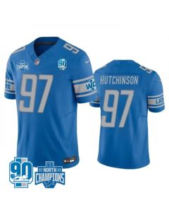 Men's Detroit Lions #97 Aidan Hutchinson Blue 2023 F.U.S.E. 90th AnniversaryNFC North Division Champions Vapor Untouchable Limited Stitched Jersey