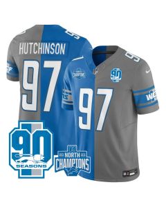 Men's Detroit Lions #97 Aidan Hutchinson Blue/Grey Split 2023 F.U.S.E. 90th Anniversary NFC North Division Champions Vapor Untouchable Limited Stitched Jersey