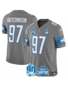 Men's Detroit Lions #97 Aidan Hutchinson Grey 2023 F.U.S.E. 90th Anniversary NFC North Division Champions Vapor Untouchable Limited Stitched Jersey