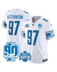 Men's Detroit Lions #97 Aidan Hutchinson White 2023 F.U.S.E. 90th Anniversary NFC North Division Champions Vapor Untouchable Limited Stitched Jersey