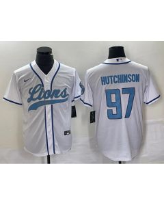 Men's Detroit Lions #97 Aidan Hutchinson White Cool Base Stitched Baseball Jersey