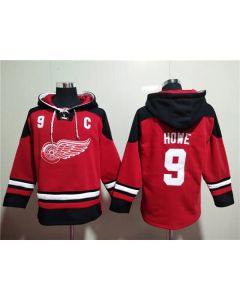 Men's Detroit Red Wings #9 Gordie Howe Red Lace-Up Pullover Hoodie