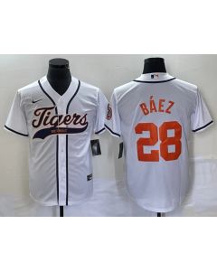 Men's Detroit Tigers #28 Javier Baez White Cool Base Stitched Baseball Jersey