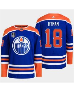 Men's Edmonton Oilers #18 Zach Hyman Royal 2024 Stanley Cup Final Patch Stitched Jersey