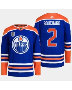 Men's Edmonton Oilers #2 Evan Bouchard Royal 2024 Stanley Cup Final Patch Stitched Jersey
