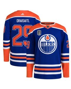 Men's Edmonton Oilers #29 Leon Draisaitl Royal 2024 Stanley Cup Final Patch Stitched Jersey