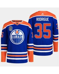 Men's Edmonton Oilers #35 Olivier Rodrigue Royal 2024 Stanley Cup Final Patch Stitched Jersey
