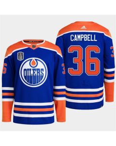 Men's Edmonton Oilers #36 Jack Campbell Royal 2024 Stanley Cup Final Patch Stitched Jersey
