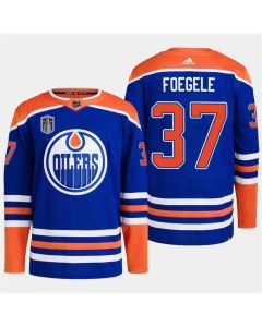 Men's Edmonton Oilers #37 Warren Foegele Royal 2024 Stanley Cup Final Patch Stitched Jersey