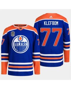 Men's Edmonton Oilers #77 Oscar Klefbom Royal 2024 Stanley Cup Final Patch Stitched Jersey