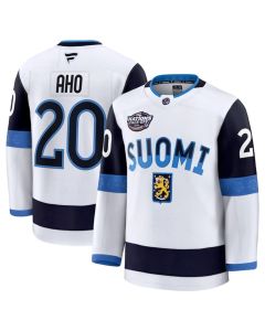 Men's Finland #20 Sebastian Aho White 2025 4 Nations Face-Off Premium Stitched Jersey (White)