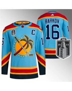 Men's Florida Panthers #16 Aleksander Barkov Blue 2023 Stanley Cup Final Reverse Retro Stitched Jersey