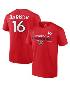 Men's Florida Panthers #16 Aleksander Barkov Red 2024 Stanley Cup Champions Pro Name & Number T-Shirt