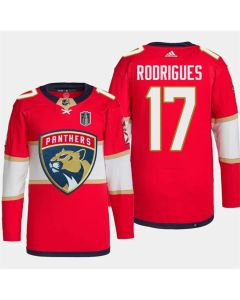Men's Florida Panthers #17 Evan Rodrigues Red 2024 Stanley Cup Final Patch Stitched Jersey