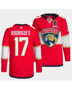 Men's Florida Panthers #17 Evan Rodrigues Red Home 2024 Stanley Cup Champions Stitched Jersey