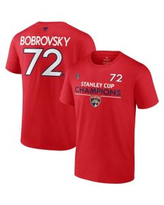 Men's Florida Panthers #72 Sergei Bobrovsky Red 2024 Stanley Cup Champions Pro Name & Number T-Shirt