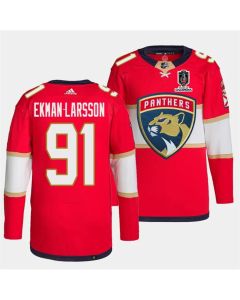Men's Florida Panthers #91 Oliver Ekman-Larsson Red Home 2024 Stanley Cup Champions Stitched Jersey