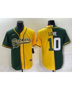 Men's Green Bay Packers #10 Jordan Love Green/Gold Split Cool Base Stitched Baseball Jersey