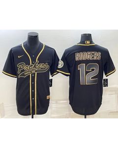 Men's Green Bay Packers #12 Aaron Rodgers Black Gold With Patch Cool Base Stitched Baseball Jersey