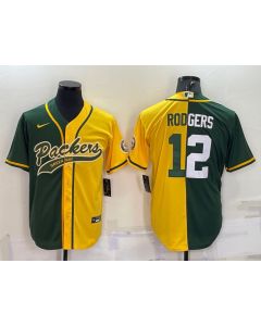 Men's Green Bay Packers #12 Aaron Rodgers Green/Yellow Split With Patch Cool Base Stitched Baseball Jersey