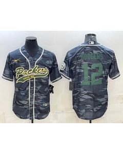 Men's Green Bay Packers #12 Aaron Rodgers Grey Green Camo With Patch Cool Base Stitched Baseball Jersey