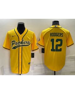 Men's Green Bay Packers #12 Aaron Rodgers Yellow Cool Base Stitched Baseball Jersey