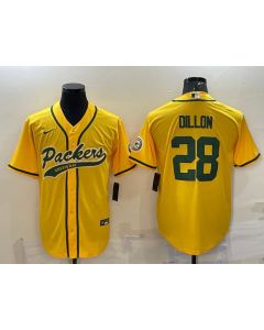 Men's Green Bay Packers #28 A.J. Dillon Gold With Patch Cool Base Stitched Baseball Jersey