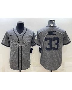 Men's Green Bay Packers #33 Aaron Jones Grey With Patch Cool Base Stitched Baseball Jersey