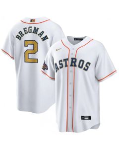 Men's Houston Astros #2 Alex Bregman White 2023 Gold Collection With World Series Champions Patch Cool Base Stitched Baseball Jersey