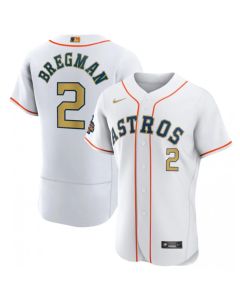 Men's Houston Astros #2 Alex Bregman White 2023 Gold Collection With World Series Champions Patch Stitched Baseball Jersey
