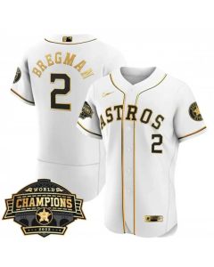 Men's Houston Astros #2 Alex Bregman White/Gold 2022 World Series Champions Flex Base Stitched Baseball Jersey